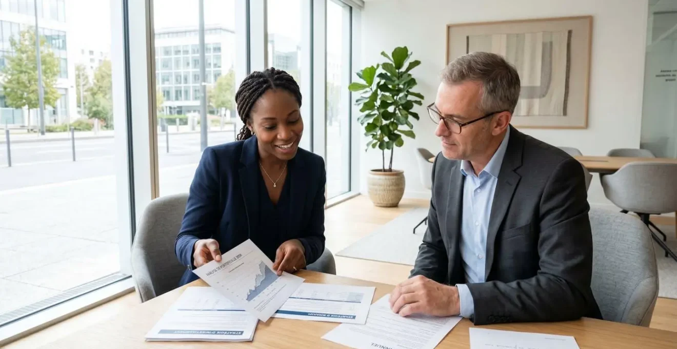 Un conseiller bancaire et un client échangent des documents dans un espace de consultation moderne et lumineux