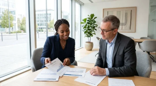 Un conseiller bancaire et un client échangent des documents dans un espace de consultation moderne et lumineux