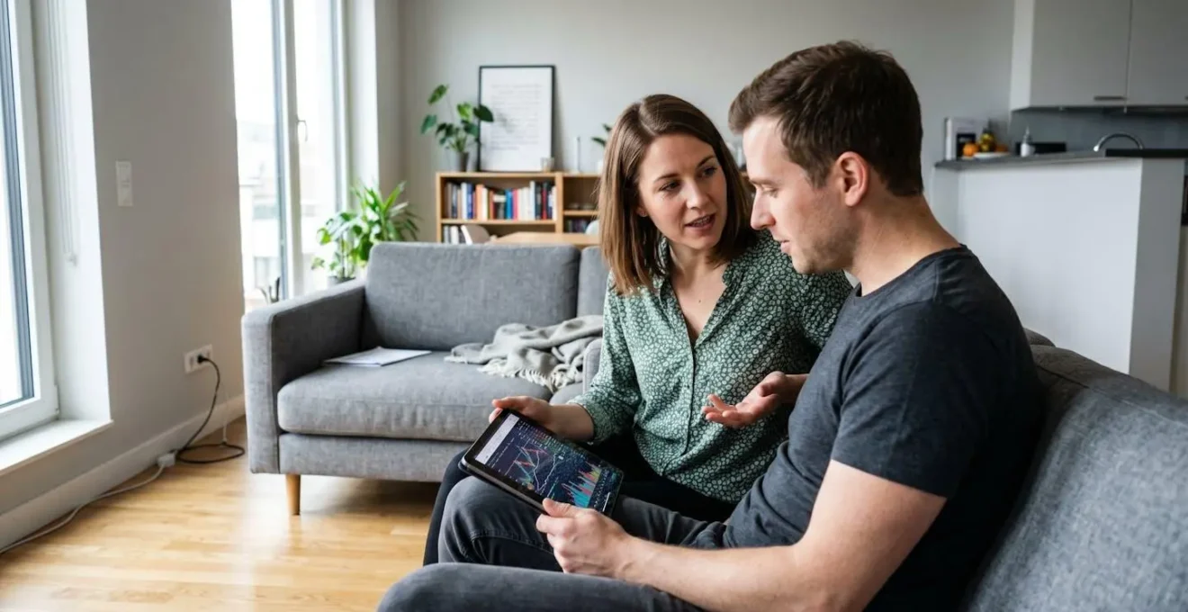 Un couple assis dans un salon contemporain lumineux consulte ensemble des documents financiers sur une tablette, ambiance sereine et confiante
