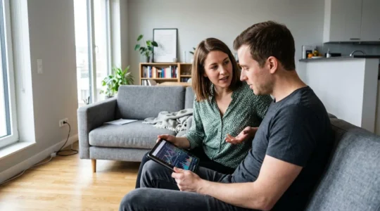 Un couple assis dans un salon contemporain lumineux consulte ensemble des documents financiers sur une tablette, ambiance sereine et confiante