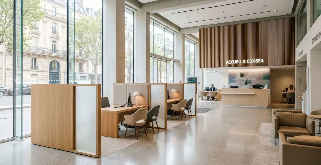Intérieur d'une agence bancaire française moderne avec espaces de consultation ouverts, design contemporain épuré et lumière naturelle abondante
