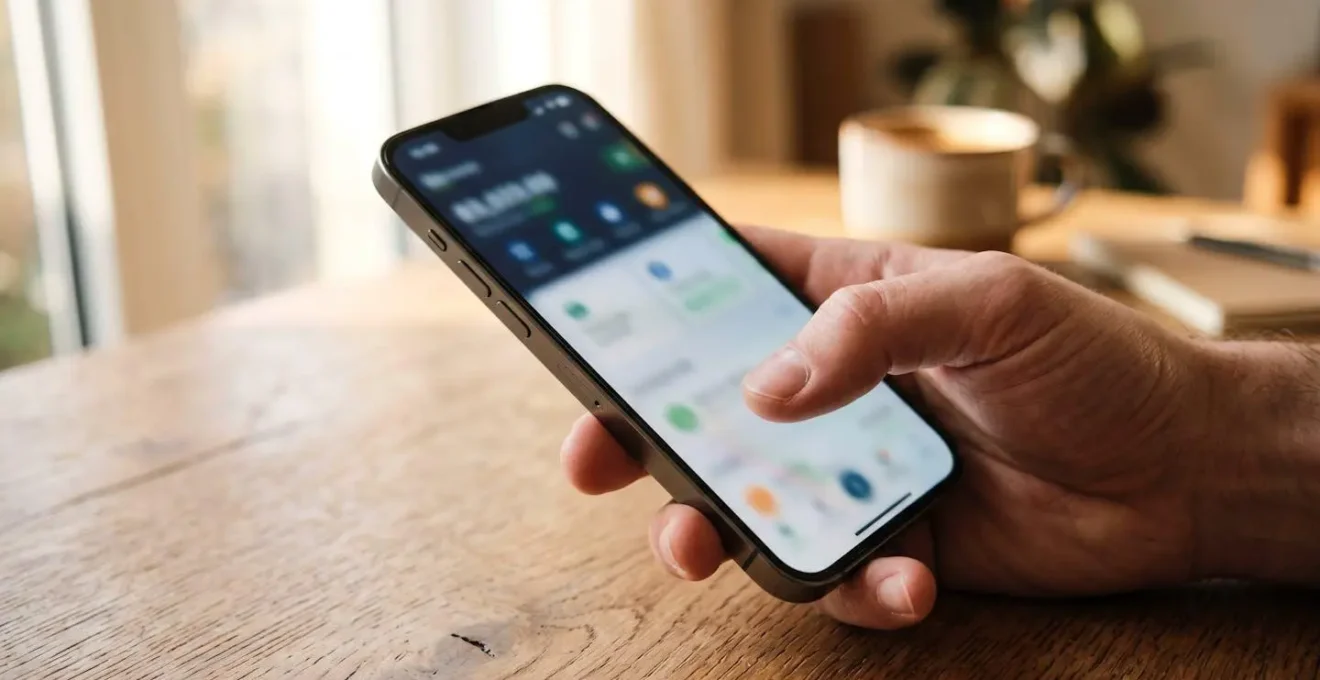 Une main tenant un smartphone affichant une interface d'application bancaire avec écran flouté sur un bureau contemporain