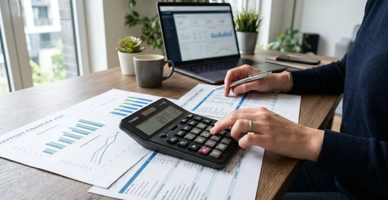 Gros plan sur des mains utilisant une calculatrice avec des documents financiers et graphiques étalés sur un bureau moderne