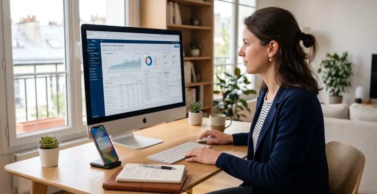 Une personne dans un bureau moderne utilisant un logiciel de gestion de portefeuille sur un grand écran d'ordinateur