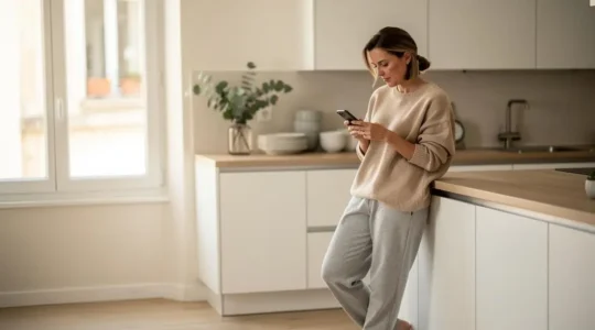 Femme consultant son application bancaire mobile dans sa cuisine, vérifiant ses comptes personnels