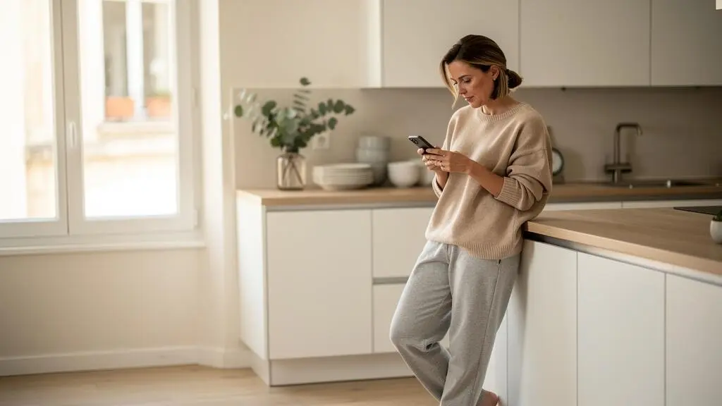 Femme consultant son application bancaire mobile dans sa cuisine, vérifiant ses comptes personnels