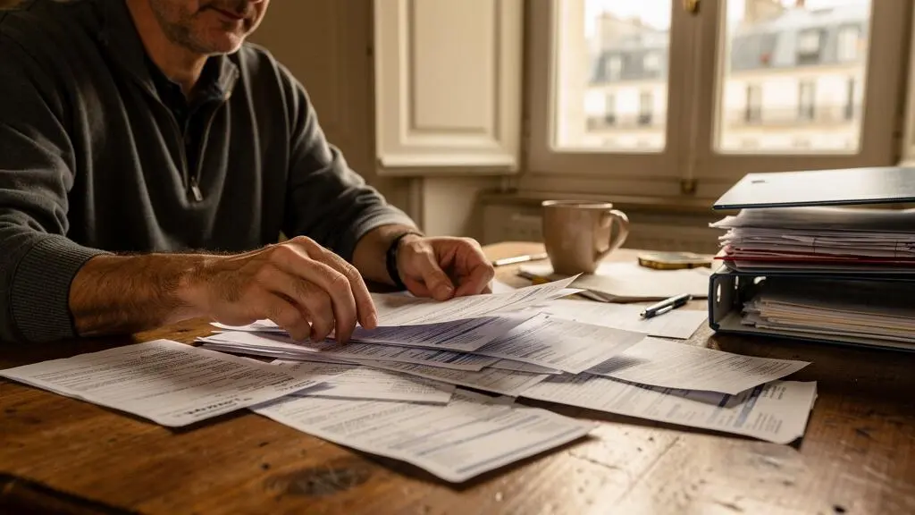 Homme organisant ses relevés bancaires et factures personnelles sur son bureau à domicile