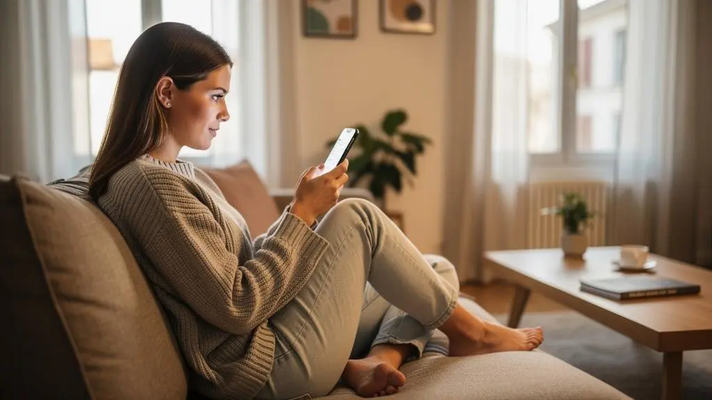 Jeune femme effectuant un transfert bancaire depuis son smartphone, installée confortablement dans son salon