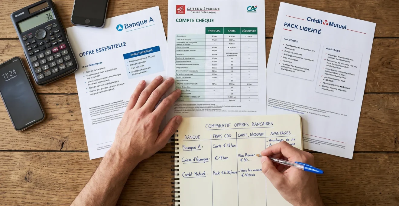 Vue de dessus d'une table avec documents bancaires comparés et prise de notes manuscrites