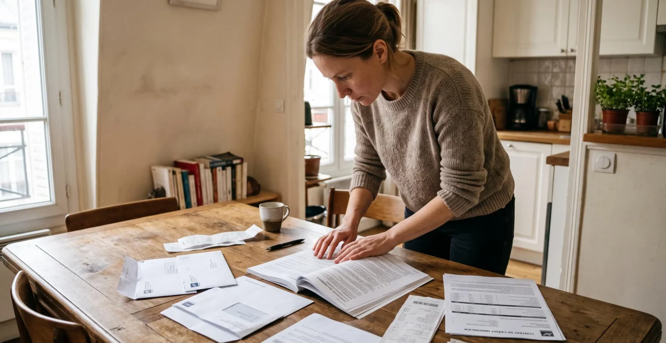 Personne consultant des documents bancaires à domicile sur une table de salle à manger